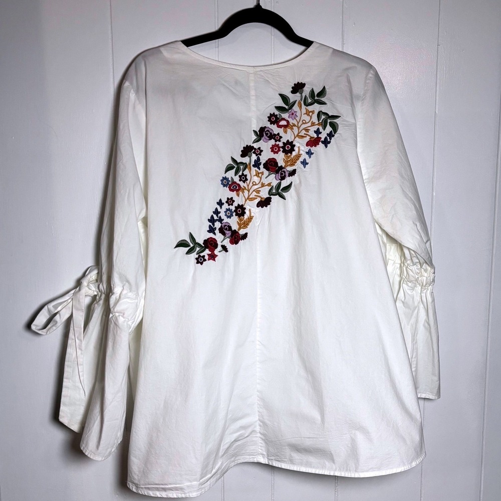 Boho Floral Embroidered V Neck Tunic White Long Bell Sleeve Tie‎ Plus size 2X